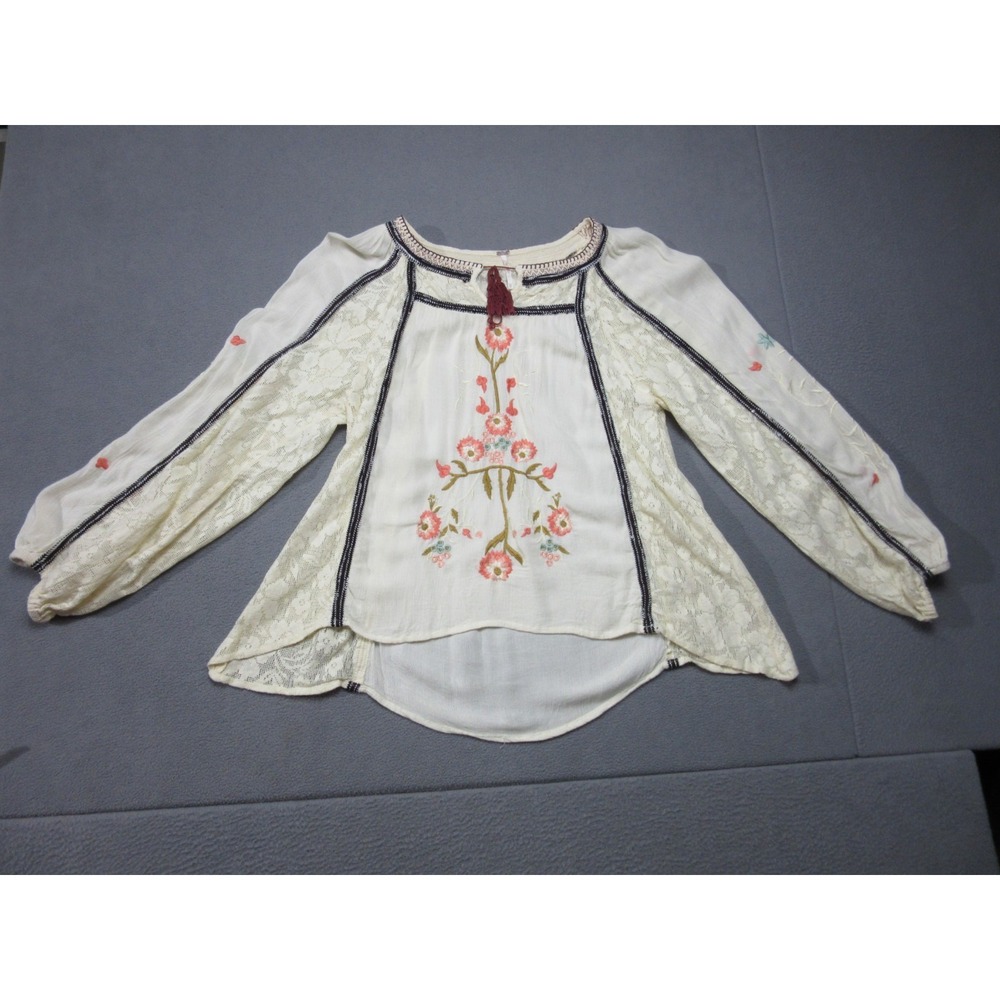 Free People Blouse Women XS Beige Floral Tiger Lily Embroidered Sheer Lace Boho